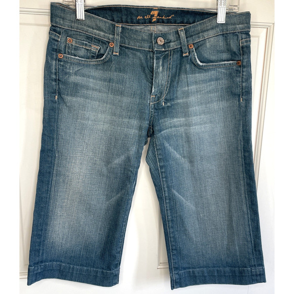 7 for all Mankind Dojo Denim Crop Shorts Women Sz 29 Distressed Wash w Stretch - Picture 1 of 13